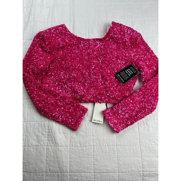 Retrofete‎ Sequin Crop Top Long Sleeve Pink Sparkly Glam Size L NWT - Picture 3 of 9